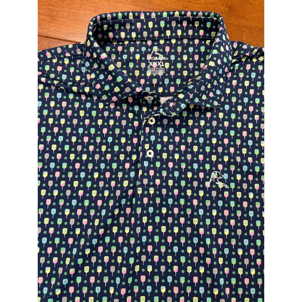 Rhoback Polo Shirt Men 3XL Navy Pickleball Paddle Print Performance Short Sleeve